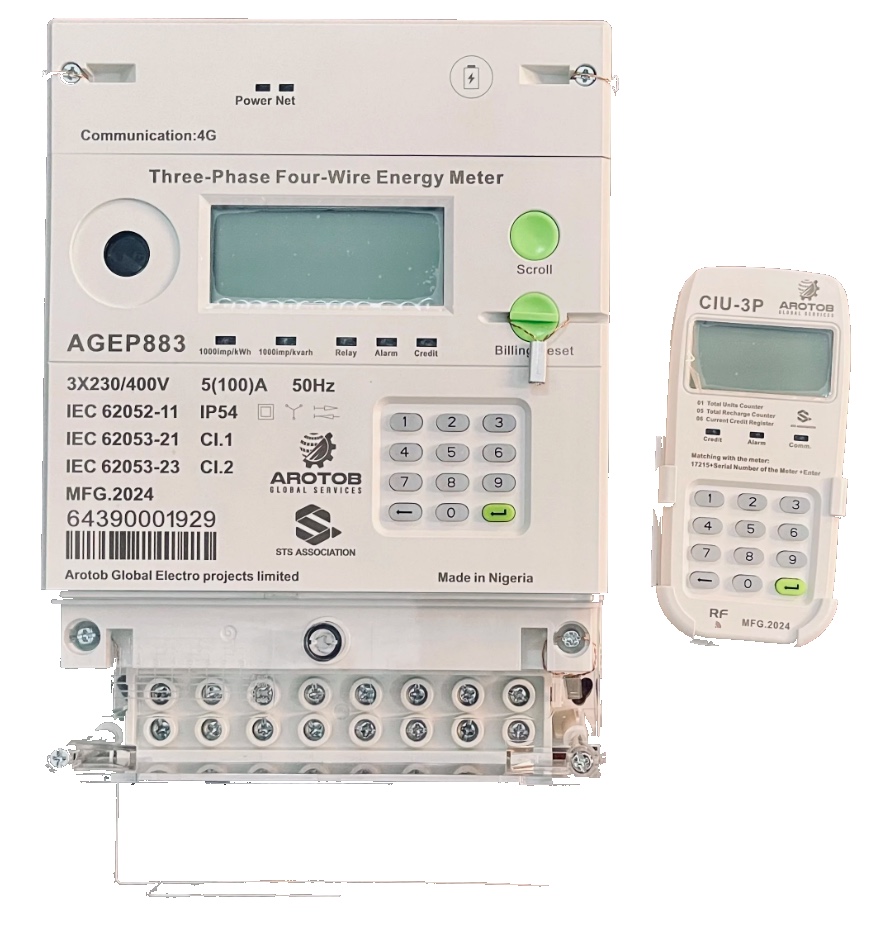 Arotob three-phase 3P4W split STS prepaid meter with 4G GPRS comms